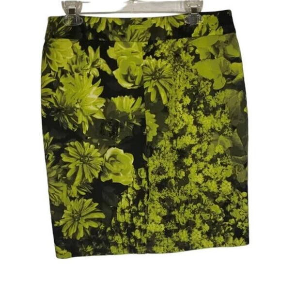 Y2K Michael Kors Black Floral Pencil Skirt Size 8 Lime Green Bold Print Workwear - Picture 3 of 6